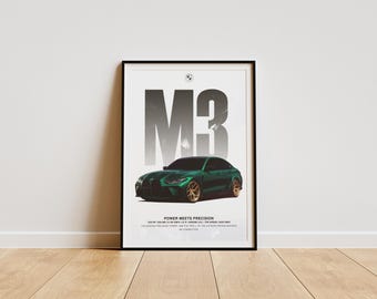 Puede incluir: Un póster enmarcado con un coche BMW M3 verde y el texto "M3" en letras grandes, negritas y negras. El texto "POWER MEETS PRECISION" está debajo de la imagen del coche.