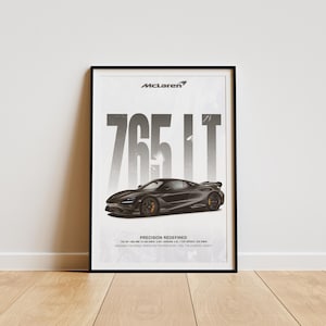 May include: Framed poster featuring a black McLaren 765LT sports car. The poster has the McLaren logo at the top, with the car's model name in large, bold text. The words "Precision Redefined" are below the car.