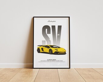 ランボルギーニ アヴェンタドール SV ポスター：イエローのスーパーカーアート（デジタルダウンロード）