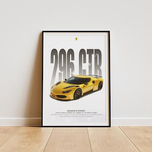 May include: Framed poster featuring a yellow Ferrari 296 GTB. The poster has the car's name in large, gray letters at the top, with the Ferrari logo. The poster includes technical specifications and is displayed on a wooden floor.
