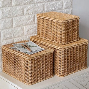 Rectangular Wicker Basket with Lid Storage Box Laundry Hamper Home Organiser