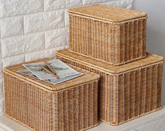 Rectangular Wicker Basket with Lid Storage Box Laundry Hamper Home Organiser