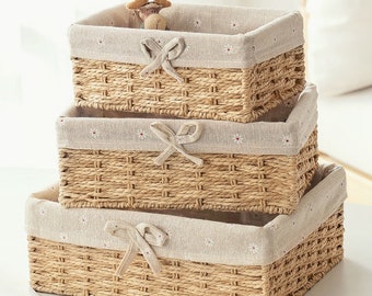 Rectangular Handwoven Wicker Basket Storage Box Laundry Hamper Home Organiser Cosmetics Box