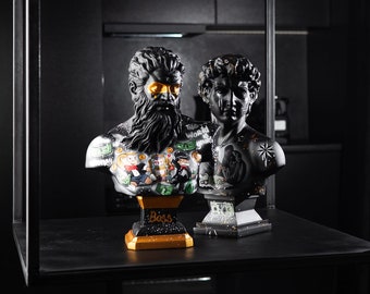 Zwei Gipsbüsten David Michelangelo & Zeus, griechische Gott-Pop-Art-Skulptur, Straßenkunst, Gipsfigur, Chef-Geschenk, einzigartiges Geschenk