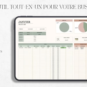 May include: A digital tablet displaying a business dashboard titled JANVIER with pie charts, financial tables, and columns for sales, expenses, and profits. The text UN OUTIL TOUT-EN-UN POUR VOTRE BUSINESS appears above, with a list of categories including VENTES, DÉPENSES, BÉNÉFICES, MARGE NETTE, REMBOURSEMENTS, OBJECTIFS, STOCK, and URSSAF.