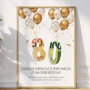 Cadeau en argent pour le 80e anniversaire | cadeau créatif pour papa maman grand-mère grand-père | Joyeux anniversaire 80 | Faire un cadeau d'argent DIY | Ballons | A4