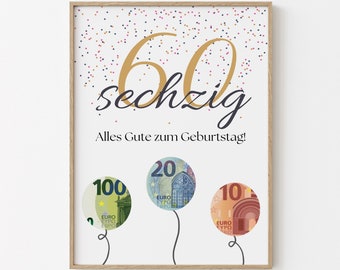 Cash gift 60th birthday balloons gift 60th birthday happy round birthday picture gift 1964 card download 30 40 50 60 70 PDF