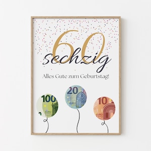Geldgeschenk 60 Geburtstag Ballons Geschenk 60. Geburtstag Alles Gute Runder Geburtstag Bild Geschenk 1964 Karte Download 30 40 50 60 70 PDF
