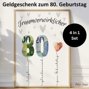 Regalo de dinero cumpleaños 80 | Regalo de cumpleaños para abuela o abuelo | Feliz cumpleaños | Idea de regalo para un 80 cumpleaños | Descarga instantánea A4