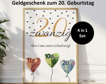 May include: A printable 20th birthday card with a gold "zwanzig" (German for twenty) and a heart-shaped balloon design. The balloons are filled with euro bills. The text "4 in 1 Set" is in the upper right corner.