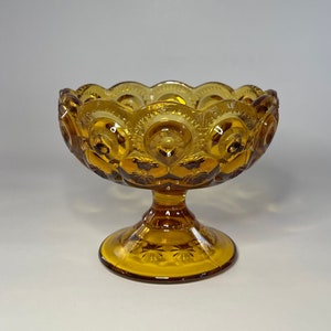 Vintage LE Smith Amber Glass Moon & Stars Pedestal Candy Dish- Small Compote- 1960s Collectible Glass- Mid Century Modern- Collector Gift