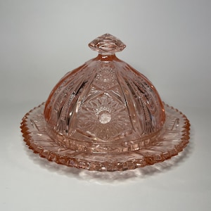 Vintage Pink Imperial Glass Butter Dish- Pressed Heavy Glass Dome and Dish with Saw Tooth Edge- Floral Pattern- Cottage Kitchen Decor