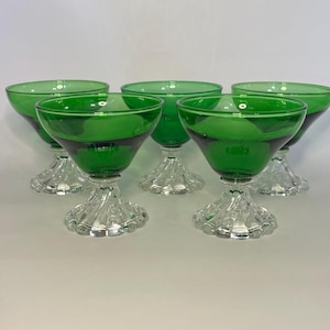 Vintage Anchor Hocking Forest Green Berwick Boopie 6 oz Champagne or Tall Sherbet Glasses- Set of 5- Burple or Inspiration Stemware