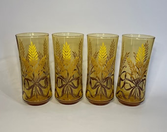 Vintage 1960s Libbey Gold Bounty Tumblers- Set of 4 Bolero Shape- Wheat Ribbon Water Glasses- Yellow- Brown- Country and Farmhouse Kitchen