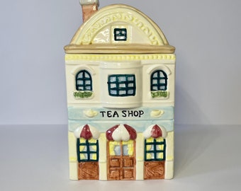 Vintage 1993 Tea Shop Ceramic Cookie or Biscuit Jar- Shop Front Collection- Model #1932- Cottagecore- Kitchen Decor & Storage- Tea Lover