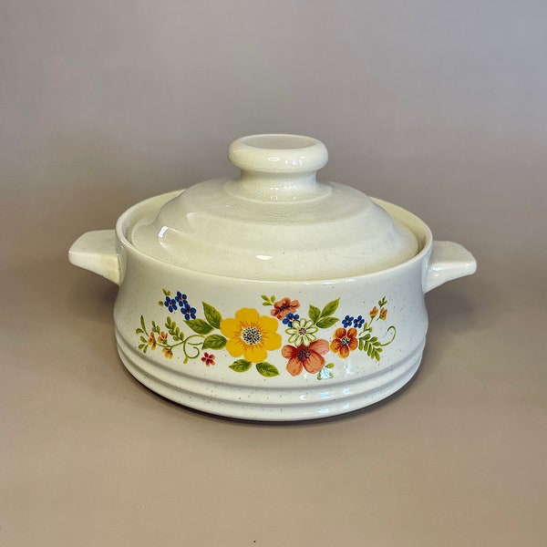 Vintage 1980s Sweet Flowers Bake Serve ’N Store Dish With Lid- Stoneware- Small Floral Kitchenware- Country-Cottage- Bakeware
