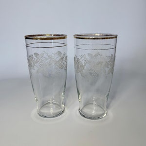 vintage Bartlett Collins 19 oz. Gobelets en verre avec bordure dorée et décalcomanies en forme de feuille de vigne blanche - Lot de 2 décorations 806 transparent - Milieu du siècle