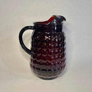 Vintage Anchor Hocking Ruby Red Bubble Glass Pitcher with Ice Lip- 1960s Retro Glassware- Large Carafe- MCM Kitchen & Dining- Collectible