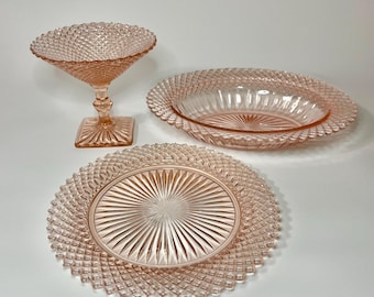 Vintage 1930s Anchor Hocking Miss America Diamond Pattern Pink Depression Glass- Compote, Oval Vegetable Bowl or Salad Plate- Line #2500