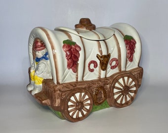 Vintage Covered Wagon with Cowboy Ceramic Cookie Jar- ORIGINAL BOX INCLUDED- Chuckwagon- Conestoga- Sooner- Old West Decor- Gift