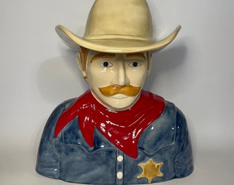 Vintage Old West Sheriff Cowboy Ceramic Cookie Jar- RARE- Storyteller Arts- Cowboy Hat Lid- Western Home & Kitchen Decor- Collectible- Gift