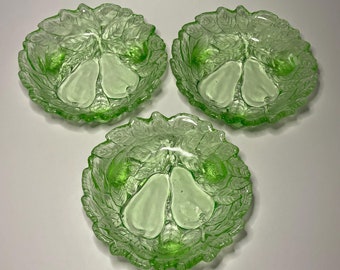 Vintage 1920s Indiana Glass Sweet Pear or Avocado Green Depression Glass 6&quot; Footed Round Relish Dish- SOLD INDIVIDUALLY- Rare Uranium Glass