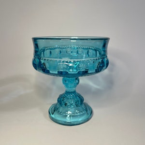 Vintage Indiana Glass Kings Crown Thumbprint Compote- Pedestal Dish- Candy Dish- Ocean Blue- 1960s Collectible Glassware