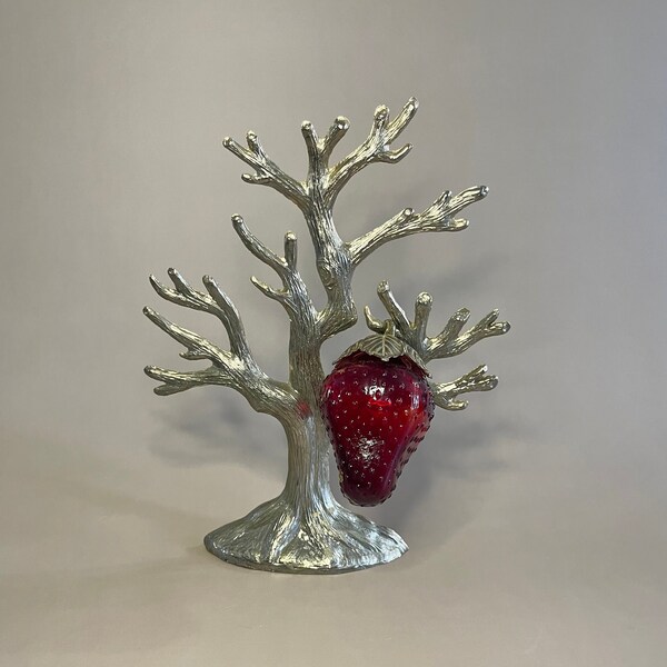 Vintage Metal Tree With Hanging Strawberry Salt/Pepper Shaker- Ruby Red Glass on Silver Toned Metal Tree- Mid Century- Retro Kitchen Décor