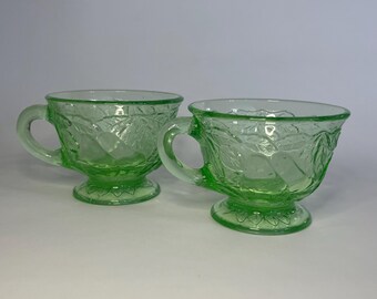 Vintage 1920s Indiana Glass Sweet Pear or Avocado Green Depression Glass Tea Cups- Sold Individually- Rare Pattern #601- Uranium Glass