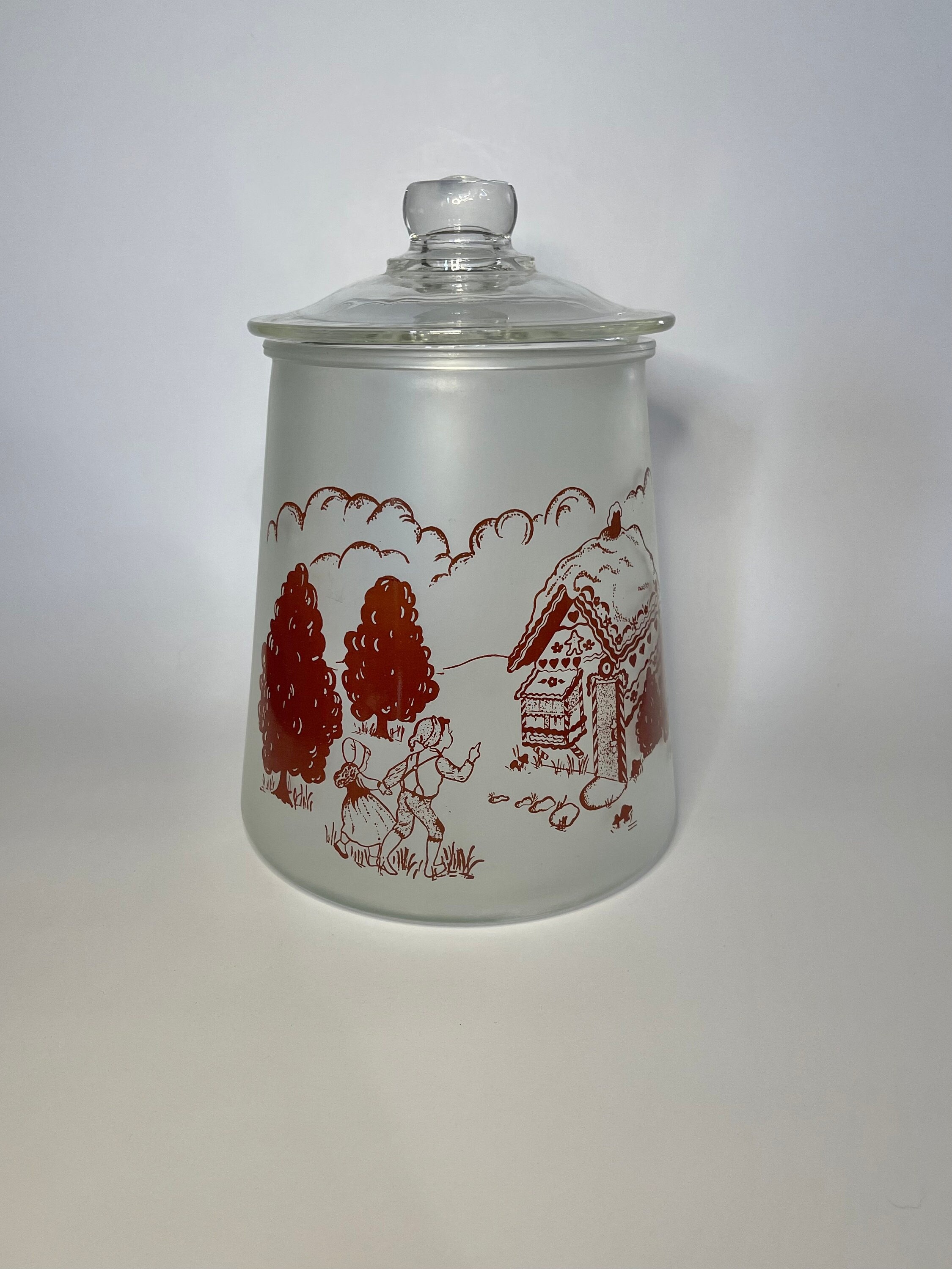 Vintage Bartlett Collins Pokee Hansel & Gretel Glass Cookie Jar- NOT Original Lid- Frosted Glass Canister- Cottagecore- Country Home Decor