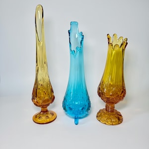 Vintage 1960s LE Smith or Kanawha Amber Moon & Stars or LE Smith Peacock Blue Hobnail 3-Toed Swung Vase- Choice Vase- MCM Collector Gift