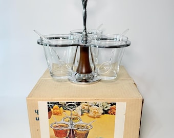 Vintage 1970s Hellerware Salad Dressing Lazy Susan in Chrome & Walnut Finish- Original Box Included with Serving Spoons- Retro Serveware