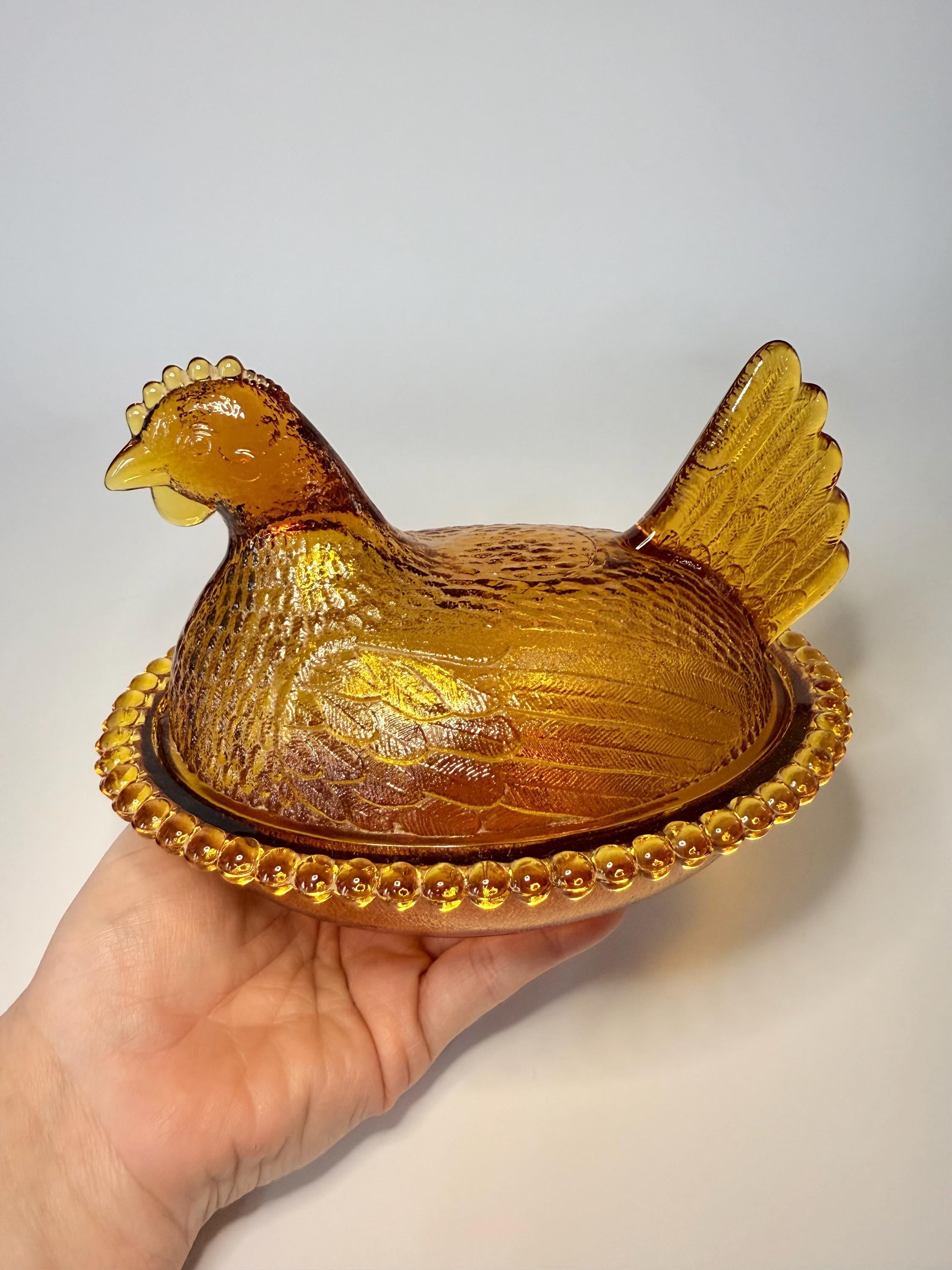Vintage Indiana Glass Golden Amber Hen on Nest- Stippled Base and 