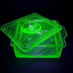 Vintage Hazel Atlas Green Glass Refrigerator Dish with Lid and Tab Handles- Marked- Uranium Depression Glass- Glowing Glass- Collector Gift