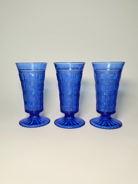 Vintage 1930s Imperial Glass Cobalt Blue Beaded Block Glasses- Set of 3  Footed Pedestal Style- Parfait, Dessert, Cocktail- Depression Glass