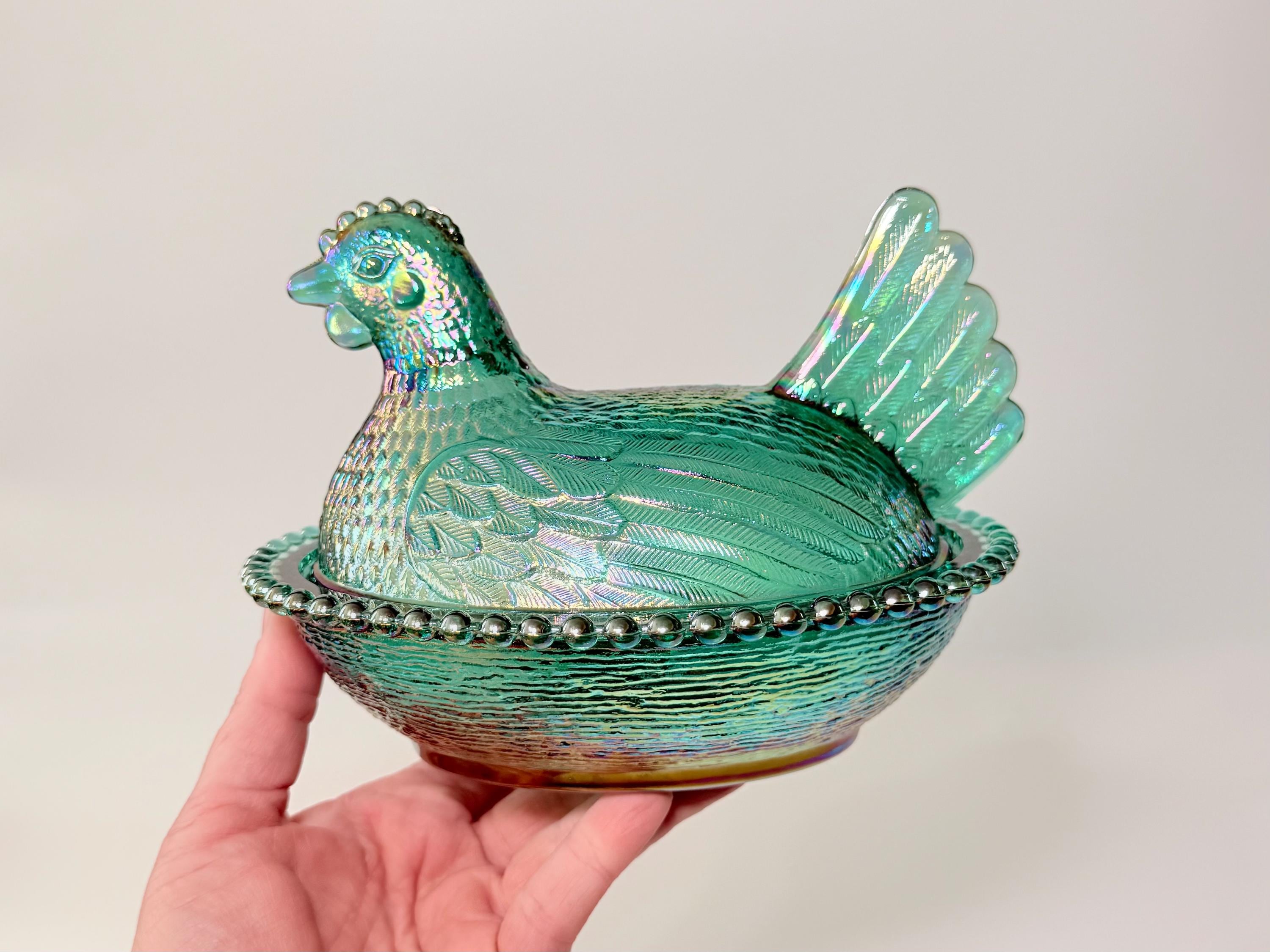 Vintage Indiana Glass Evergreen Carnival Glass Hen on Nest- Rare 7