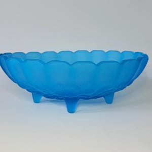 Vintage Blue Satin Indiana Glass Oval Footed Harvest Bowl- Garland Fruit Pattern- Large Fruit Dish- Table Centerpiece- Mid Century Decor