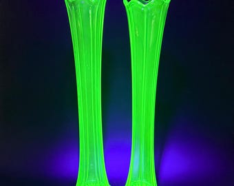 Antique EAPG Apple Green Uranium Glass 16&quot; Swung Vase- Choice Vase- RARE Early 1900s- Glowing Glass- Collector Gift