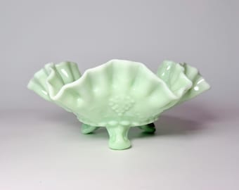 Vintage Westmoreland Mint Green Paneled Grapes Crimped Glass Candy Dish- Rare Color- Mid Century Home Decor- Cottagecore