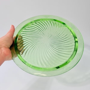May include: A round, light green glass plate with a spiral design in the center. The plate has a decorative border with a repeating pattern. The plate is held by a hand.