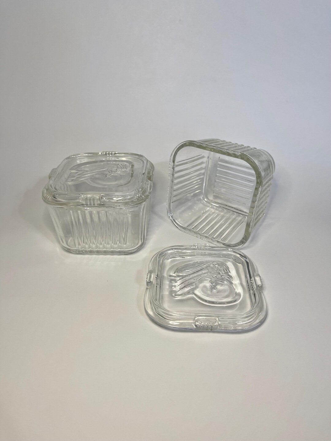 Square Ribbed Glass Vintage Federal Glass Clear Square Ribbed Refrigerator Dishes With Lids ...