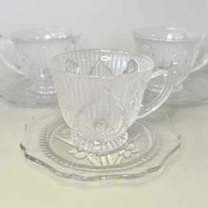 Vintage Jeannette Glass Iris Clear Footed Cup & Saucer Set- 1920s Depression Glass- Floral Collectible Glassware- Garden Tea Party