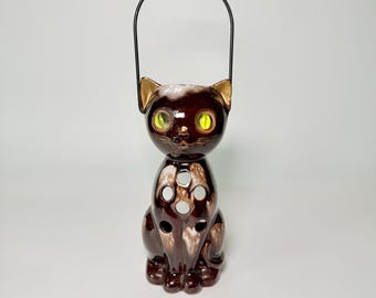 Vintage Brown Drip Glaze Ceramic Cat Lantern with Yellow Marble Eyes and Metal Handle- Inarco Redware- Votive or Luminary- Halloween Decor