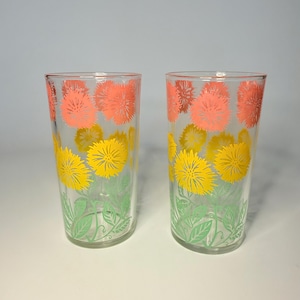 Vintage 1960s Pink, Yellow & Green Floral Juice Glasses- Set of 2- Unmarked- Mid Century Drinkware- Grannycore- Cottagecore- Gift