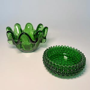 Vintage Emerald Green Glass Ashtray, Candle Votive or Jewelry Dish- Sold Individually- Murano Style Art Glass or Hobnail- Trinket Dish