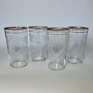 vintage Bartlett Collins 16 oz Gobelets en verre avec bordure dorée et décalcomanies en forme de feuille de vigne blanche - Lot de 4 décorations 806 transparent - Milieu du siècle