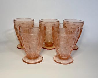 Vintage Jeannette Glass Co. Cherry Blossom Pink 8 oz. Footed Tumblers- Set of 2 Authentic or Set of 3 Reproduction Depression Glass