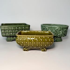 Vintage Mid Century Green Ceramic Planters- Choice Item- Unique Retro Garden Dish- Hobnail, Avocado Green, Bow Design- Plant Lover Gift