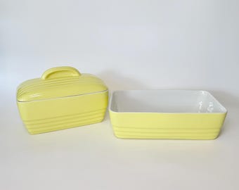 Vintage 1950s Hall Westinghouse Yellow Ceramic Kitchenware- Choice of Lidded Loaf Pan/Refrigerator Dish or Baking Dish- Art Deco Design
