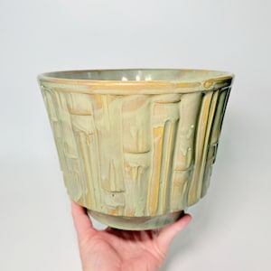 Vintage 1970s McCoy Green Thumb 8" Bamboo Flower Pot in Exotic Green- Marked #378- Glossy Brown and Green Drip Glaze- Horticulture Line